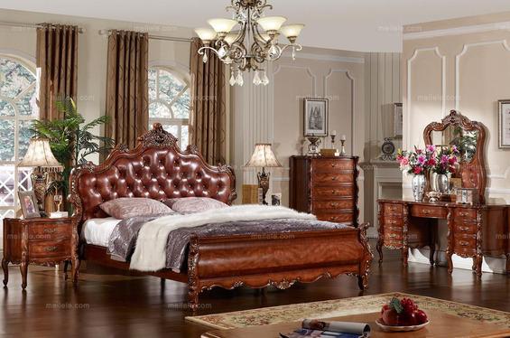 美式古典 双面描金雕花排骨架床